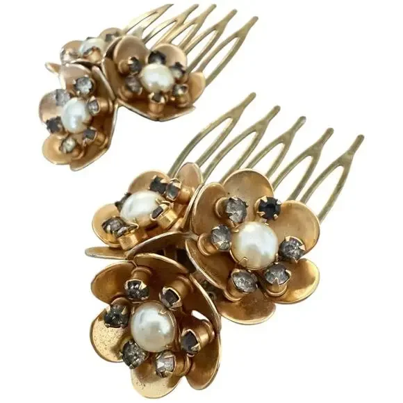 Bridal Floral Hair Combs Gold Flower Pearl Wedding Accessories Vintage Jewelry - Picture 5 of 6